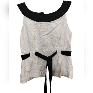 1769)Studio I Sleeveless Cotton Contrasting White Black Front Ribbon Top Size 14